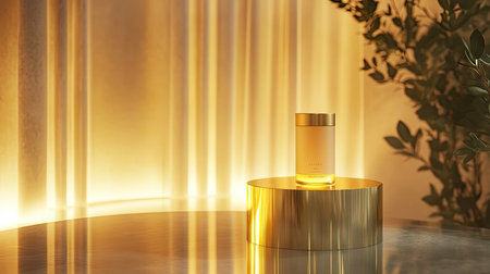A close-up of a product displayed on a golden pedestal, with a glowing light effect highlighting its elegance and luxury.の素材