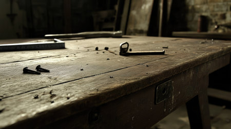 A close-up of a workbench in an empty house, featuring nails, screws, and a tape measure.の素材