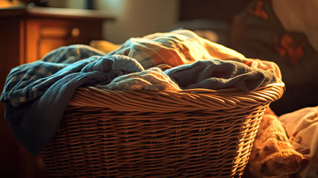 A close-up of a wicker basket with a pile of clothes, waiting for laundry day, placed in a cozy laundry nook with soft lighting.の素材