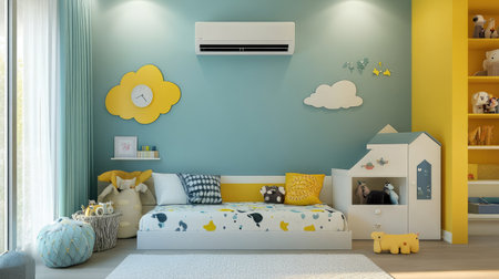 A child's bedroom with bright decor and a wall-mounted air conditioner providing cooling for a good night's sleep.の素材