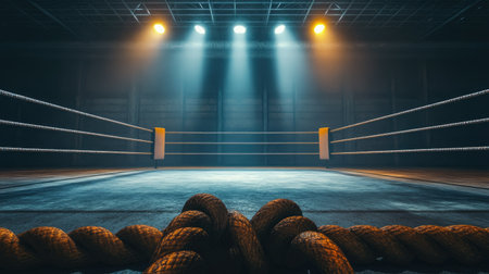 A boxing ring framed by thick ropes, glowing under theatrical lighting in an empty arena.の素材