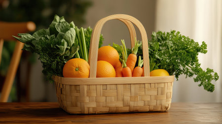 A close-up of a wooden basket brimming with fresh fruits and vegetables, including oranges, carrots, and leafy greens, placed on a wooden surface.の素材