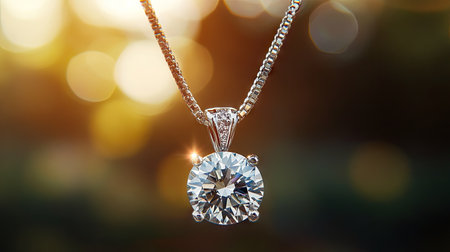 A close-up of a sparkling luxury diamond pendant on a delicate chain, with soft bokeh effects in the background.の素材