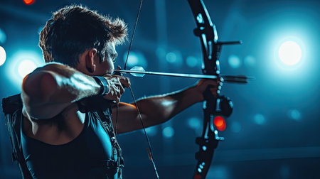 A sports archer aiming a modern compound bow at a target under bright stadium lightsの素材