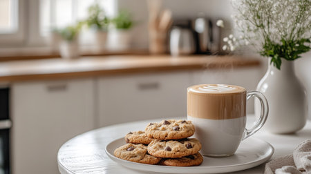 A table with a latte and a stack of warm cookies, perfect for an afternoon snack in a bright kitchenの素材