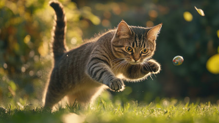 A tabby cat with its paws extended, chasing after a dangling toy, as its tail flicks excitedly in mid-action.の素材