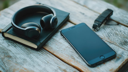 A flat-lay of earphones, smartphone, and a notebook on a desk, ready for a work sessionの素材
