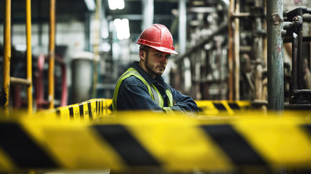 A worker wearing a hard hat standing behind yellow and black barricade tape at an industrial siteの素材