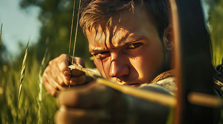 A focused archer holding his bow and aiming at a distant target in a lush green fieldの素材