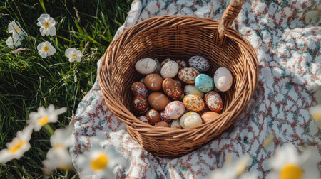 A wicker basket brimming with Easter eggs and small chocolate treats on a picnic blanketの素材