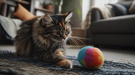 A fluffy cat playfully batting at a colorful toy ball, with its tail raised in excitement, surrounded by a comfortable home setting.の素材