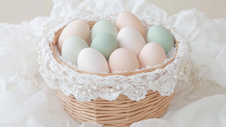 A wicker basket holding pastel Easter eggs, accented by delicate lace and pearlsの素材