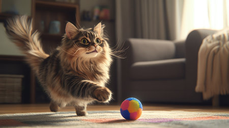 A fluffy cat playfully batting at a colorful toy ball, with its tail raised in excitement, surrounded by a comfortable home setting.の素材