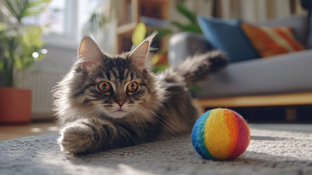 A fluffy cat playfully batting at a colorful toy ball, with its tail raised in excitement, surrounded by a comfortable home setting.の素材