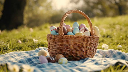 A wicker basket brimming with Easter eggs and small chocolate treats on a picnic blanketの素材