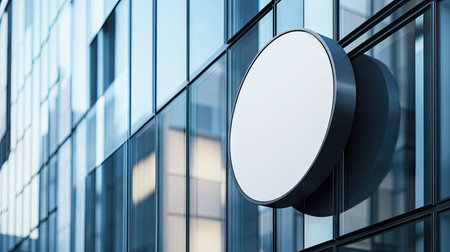 A sleek round signboard mockup with a white background mounted on a modern glass buildingの素材