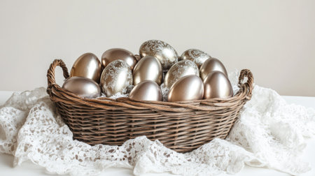 A wicker basket with metallic Easter eggs arranged neatly on a white lace clothの素材