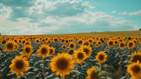 A vast sunflower field stretching into the distance, with vibrant yellow blooms under a cloudy blue sky.の素材