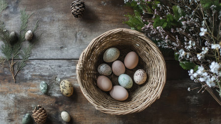 A flat-lay of a wicker basket filled with Easter eggs on a wooden table with decorative elementsの素材