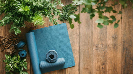 A flat-lay of a yoga mat and eco-friendly fitness accessories on a natural wood surfaceの素材