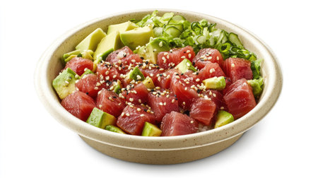 A fresh poke bowl with ahi tuna, avocado, and sesame seeds, neatly arranged in a take-out bowl on a white background.の素材