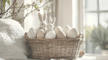 A wicker basket filled with Easter eggs in natural tones, accented by soft bunny figurinesの素材