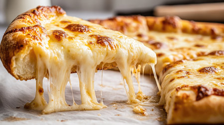 A single slice of cheese pizza lifted from the pie, showing gooey cheese strings on a white backgroundの素材
