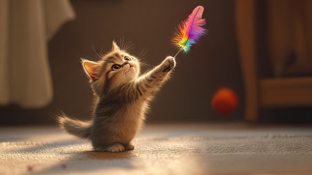 A fluffy cat batting at a colorful feather toy, with its eyes wide open and a playful stance, creating a joyful atmosphere.の素材
