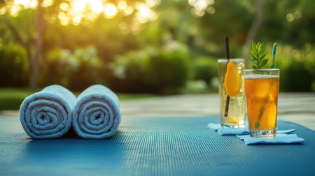 A yoga mat with a pair of rolled towels and a refreshing drink nearbyの素材