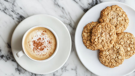 A flat lay of a cup of cappuccino and a plate of oatmeal cookies with a sprinkle of cinnamon on a marble surfaceの素材