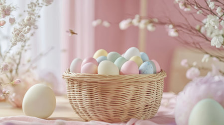 A wicker basket filled with colorful Easter eggs, surrounded by pastel decorationsの素材