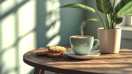 A table with a cup of hot coffee, shortbread cookies, and a decorative plant, creating a calm environmentの素材