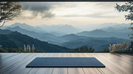 A yoga mat on a deck with mountains in the distance, ideal for mindful exercisesの素材