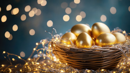 A wicker basket with golden Easter eggs, set against a backdrop of sparkling fairy lightsの素材