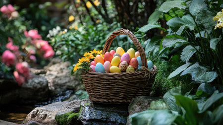 A wicker basket filled with vibrant Easter eggs, placed in a natural garden settingの素材