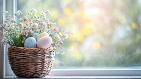 A wicker basket holding pastel Easter eggs and tiny flower bouquets on a sunny windowsillの素材