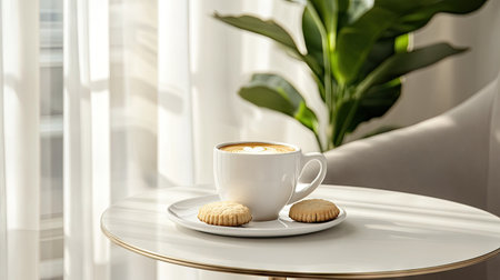 A table with a cup of hot coffee, shortbread cookies, and a decorative plant, creating a calm environmentの素材