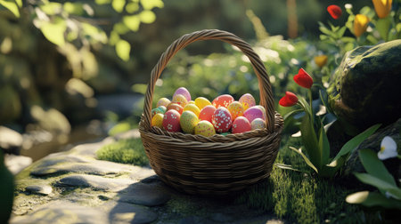 A wicker basket filled with vibrant Easter eggs, placed in a natural garden settingの素材