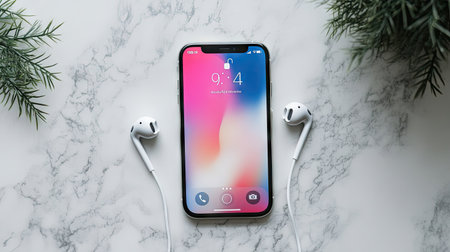 A smartphone displaying a music app with earphones plugged in on a marble tableの素材