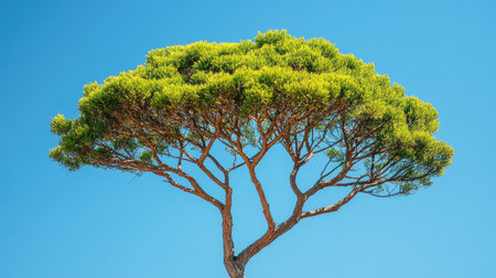 A fresh green tree crown against a crisp, cloudless blue sky, showcasing the beauty of the outdoors.の素材