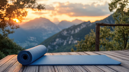 A yoga mat on a deck with mountains in the distance, ideal for mindful exercisesの素材