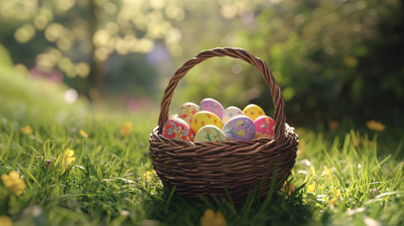 A wicker basket with multicolored Easter eggs resting on fresh grass outdoorsの素材