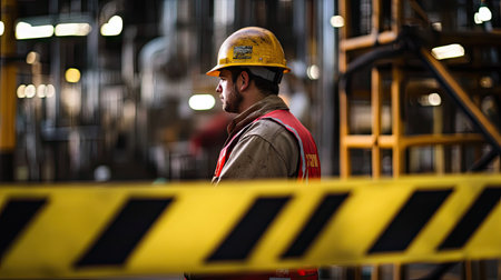 A worker wearing a hard hat standing behind yellow and black barricade tape at an industrial siteの素材