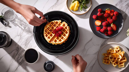 A pair of hands removing a golden waffle from a modern waffle maker, with fruit and syrup ready for serving.の素材