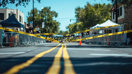 A street festival setup with yellow and black barricade tape marking off restricted zonesの素材
