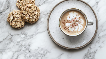 A flat lay of a cup of cappuccino and a plate of oatmeal cookies with a sprinkle of cinnamon on a marble surfaceの素材
