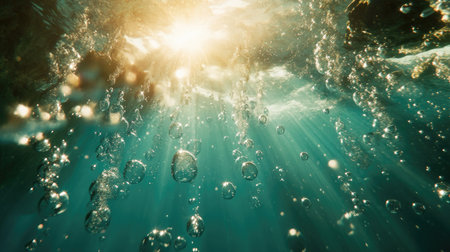 A wide-angle underwater shot showing bubbles rising through the water, with sunlight breaking through the wavesの素材