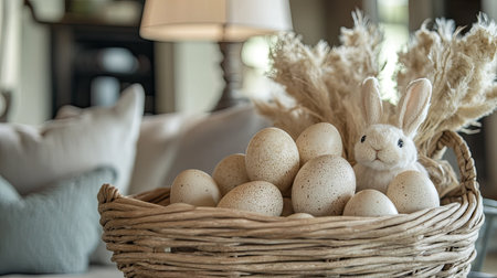A wicker basket filled with Easter eggs in natural tones, accented by soft bunny figurinesの素材