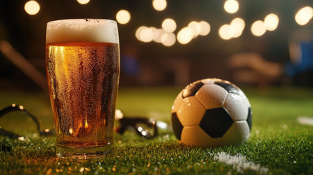 A frosty glass of beer and a soccer ball lying on artificial turf under floodlights.の素材