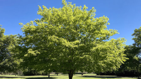A vibrant green tree canopy with leaves against a perfectly clear blue sky on a sunny day.の素材